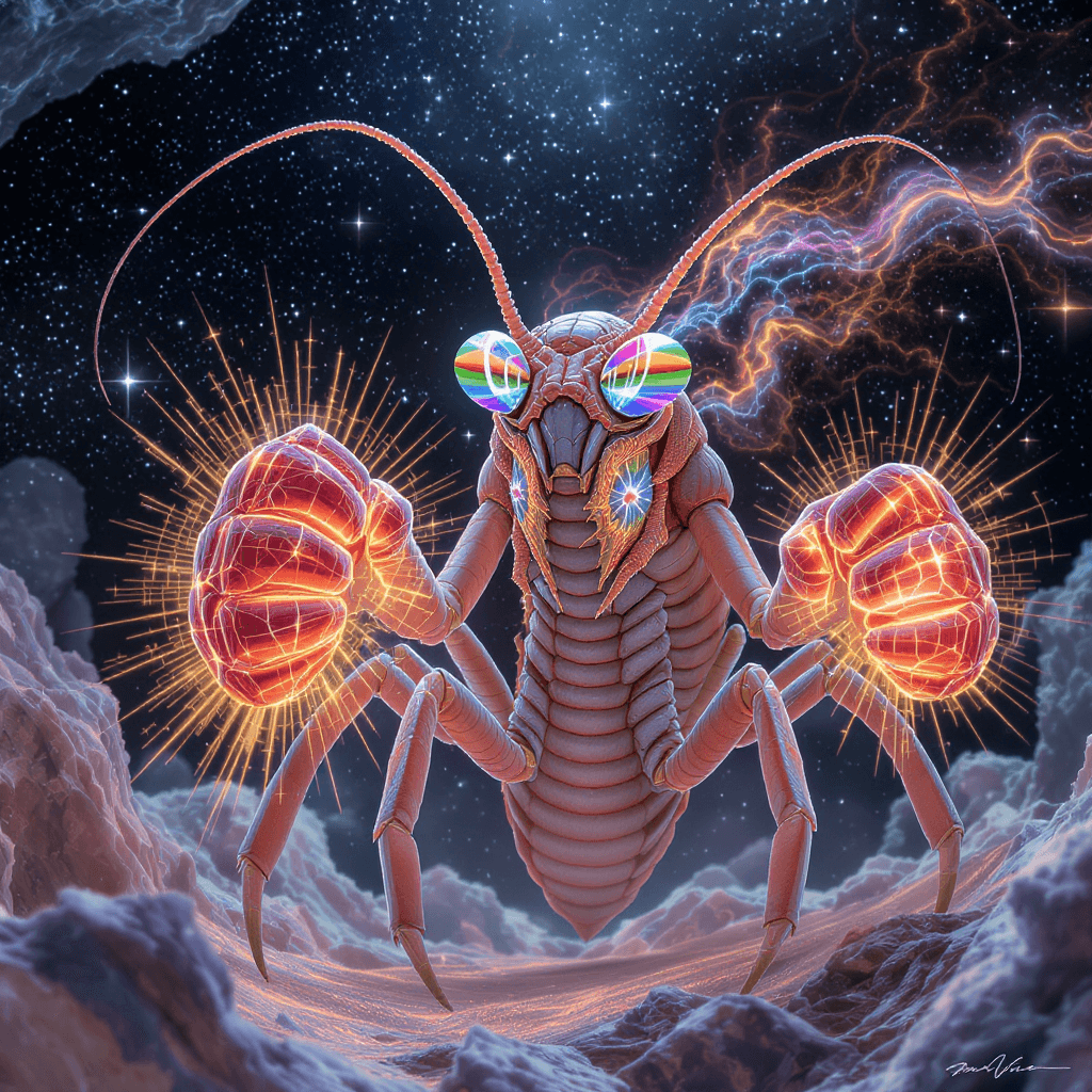 AI generated: A human-mantis shrimp hybrid whose eyes are living prisms that split reality into 16 different dimen...