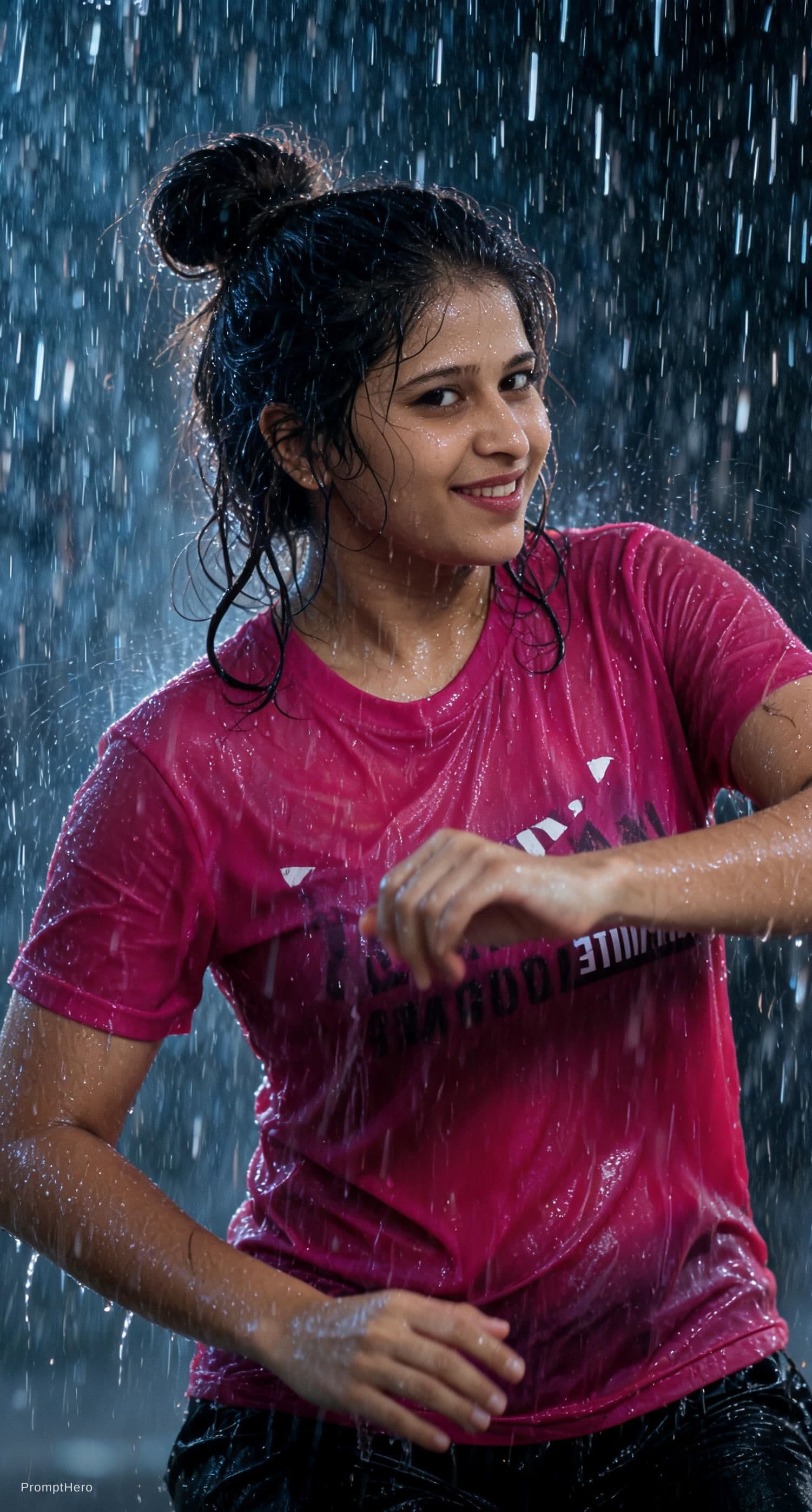AI generated: A beautiful lady dancing in heavy rain,face and body are wet,messy bun hair 32k UHD,highly details