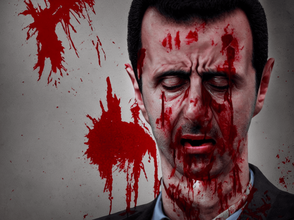 AI generated: portrait of Bashar al-assad crying with blood eveywhere, realistic, cinematic lighting, highly detai...