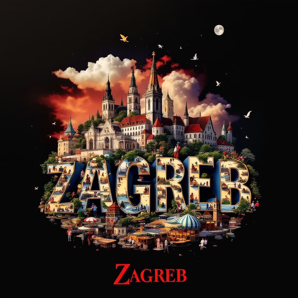 AI generated: A striking, high-contrast cinematic photo-style vertical collage that captures the essence of Zagreb...