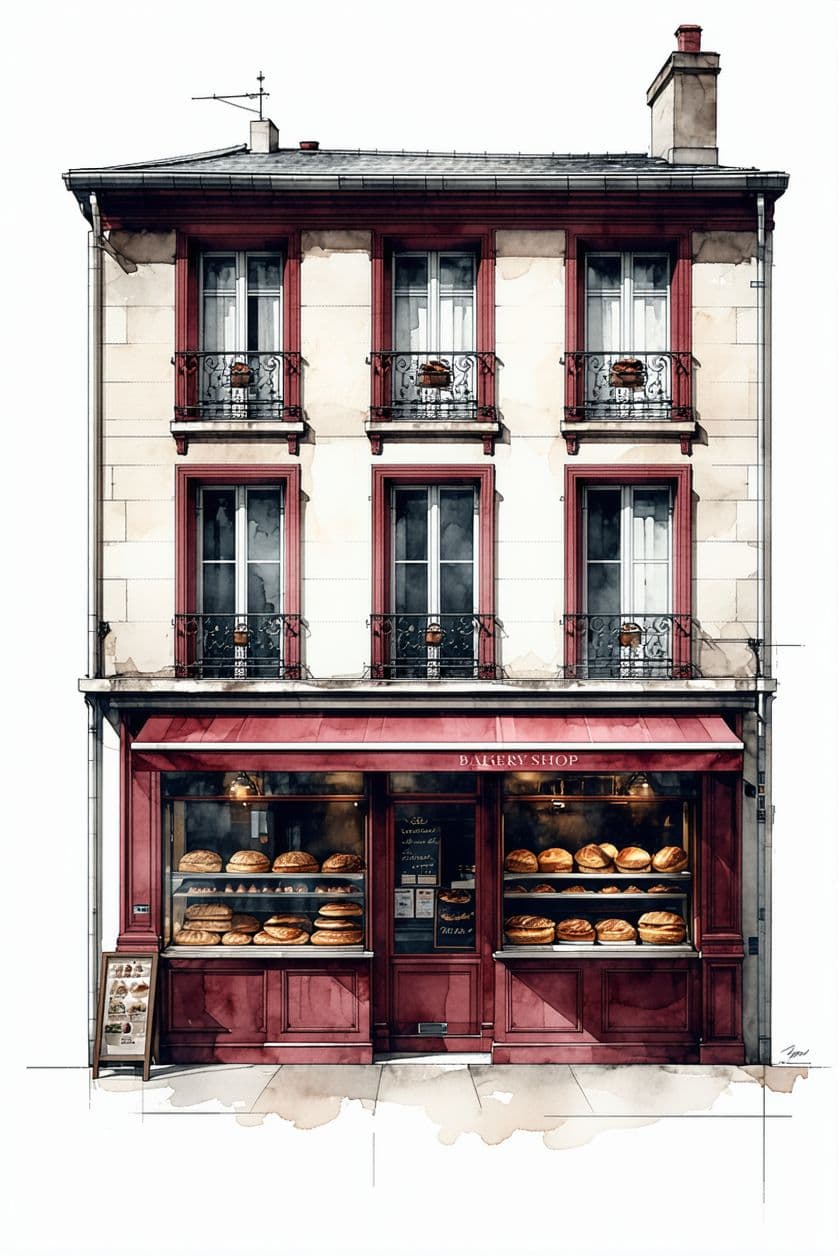 AI generated: Paris 1880, hyperrealistic illustration, a facade of a little bakery shop, front view, elevation, in...