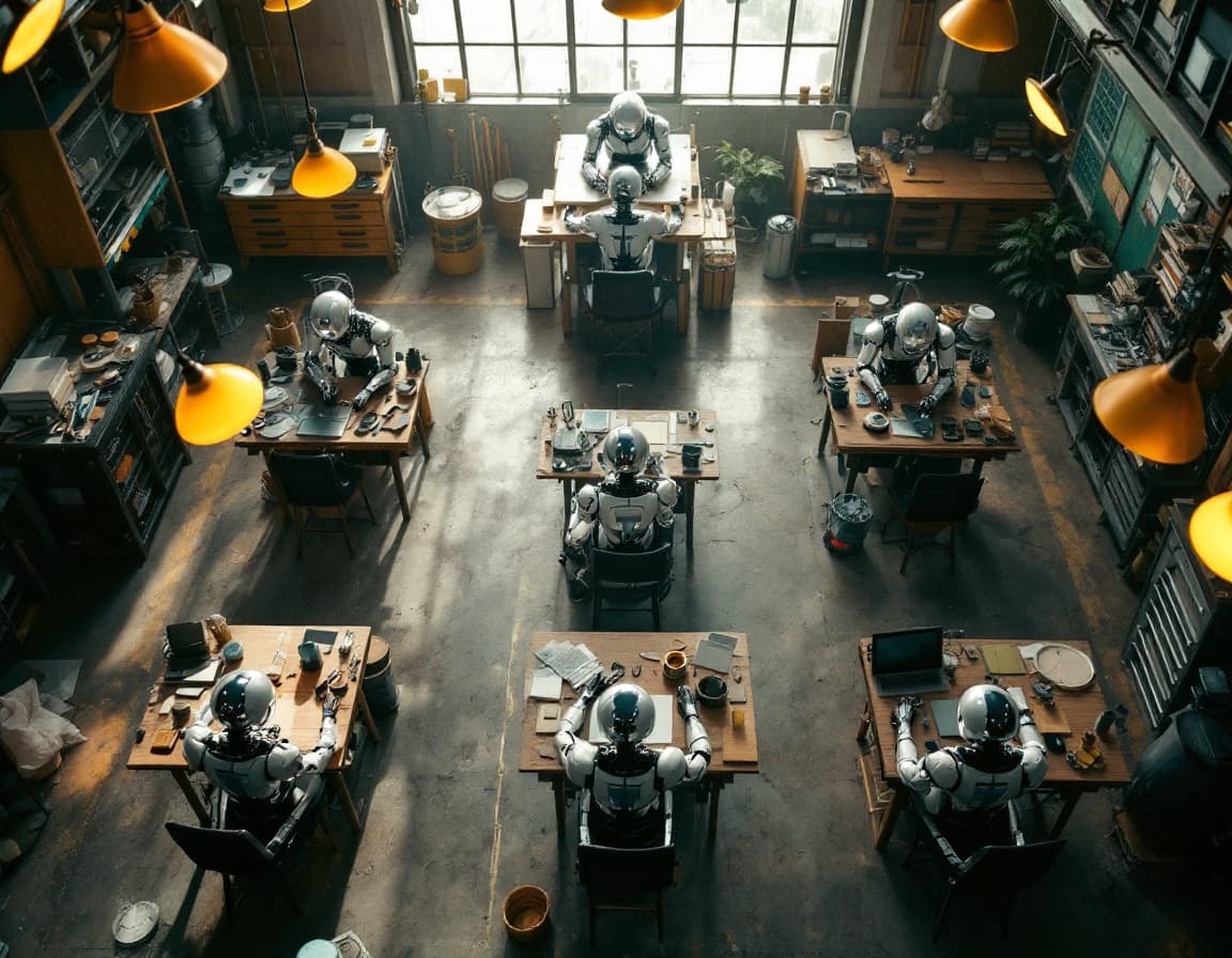 AI generated: A highly detailed cinematic overhead shot capturing a workshop with multiple workstations. At each w...