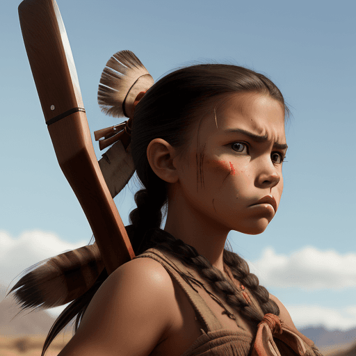 AI generated: american angry young native girl, with bow and tomahawk, 8k, wild west style, 