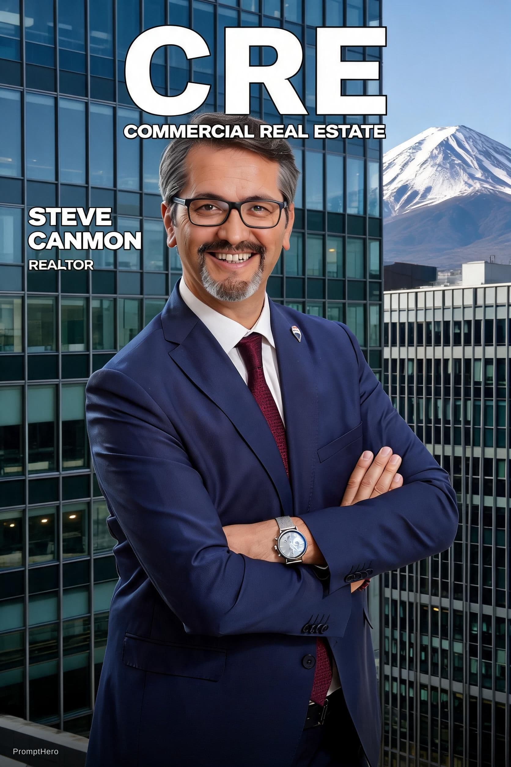 AI generated: CRE magazine cover featuring Realtor Steve Cannon in a very expensive suit standing in front of a ne...
