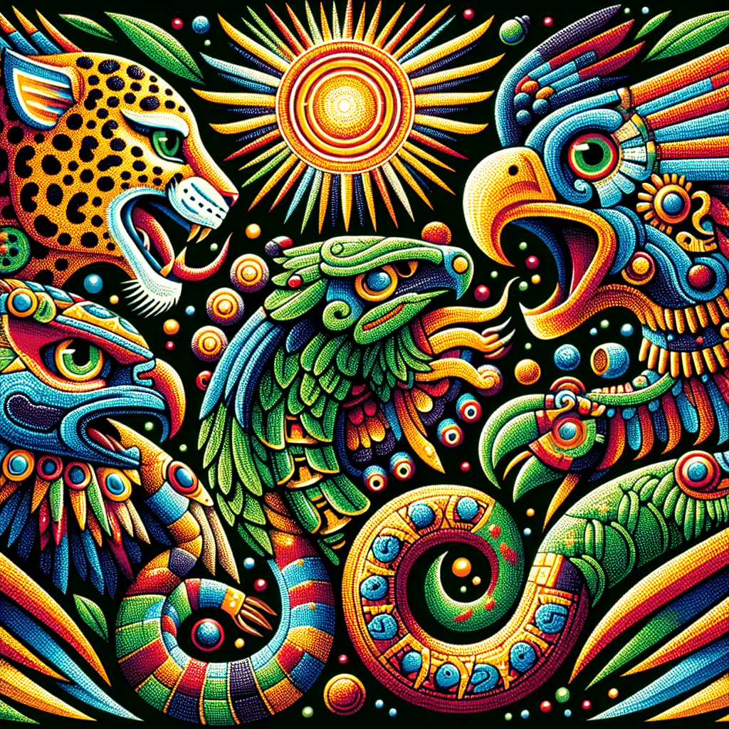 AI generated: huichol art, Aztec gods Jaguar, eagle, snake, and sun god