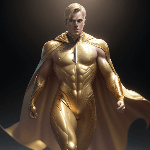 AI generated: male super hero named champion, short blond hair, no symbol, skin tight gold suit, gold cape, gold g...