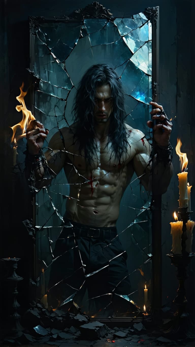 AI generated: A solitary male muscular goth figure with long black wavy hair in a dark, candlelit dimmed room, sur...