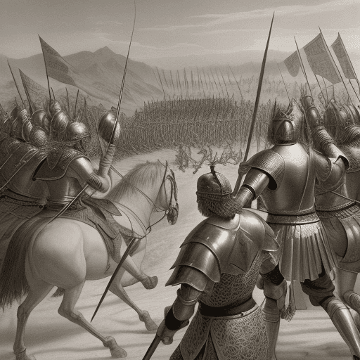 AI generated: two kings facing each other with troops behind the king using spears and arrows in battle 