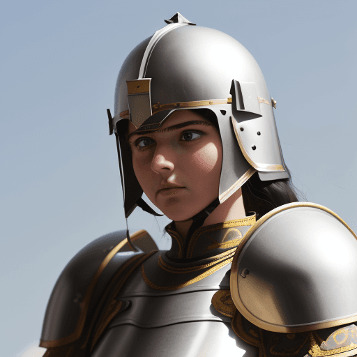 AI generated: Extreme low angle photo of a woman Roman legionary wearing his helmet and armor, he is awaiting for ...