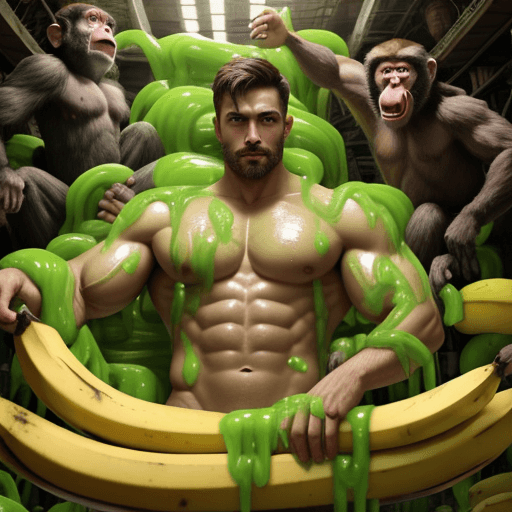 AI generated: man, muscular, surrounded by bananas, surrounded by monkeys, surrounded by slime
