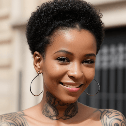AI generated: femme noire cheveux bouclés  court avec un tatouage Rich’Ella Paris avec un beau sourire, photo port...