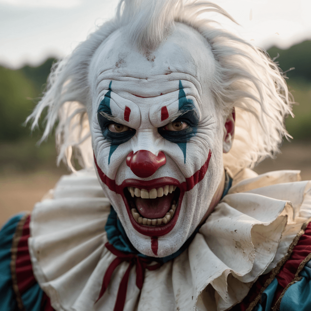 AI generated: (photo RAW),creepy angry evil man clown with long, sharp bloody teeth,fantasy, horror,white hair,mas...