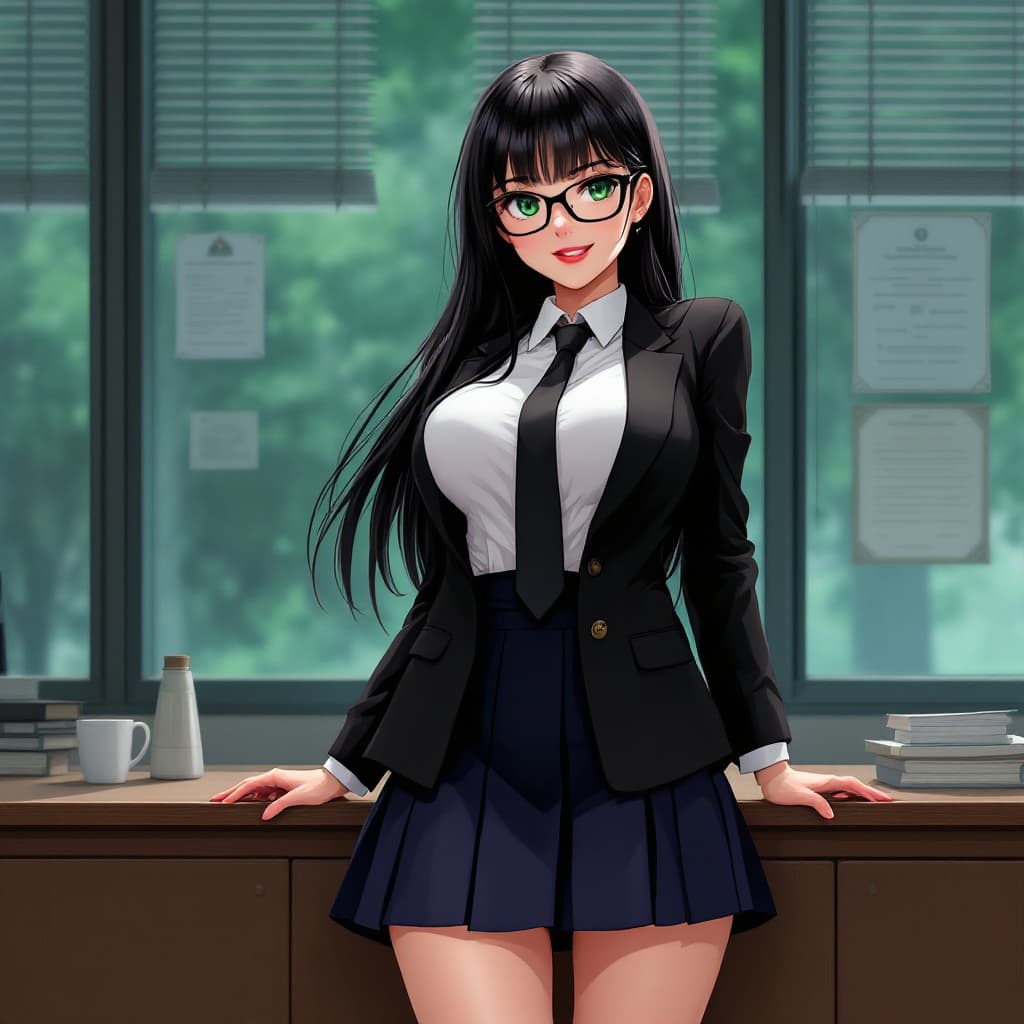 AI generated: anime, woman, black hair, long hair, green eyes, black glasses, red lips, white shirt, black tie, bl...