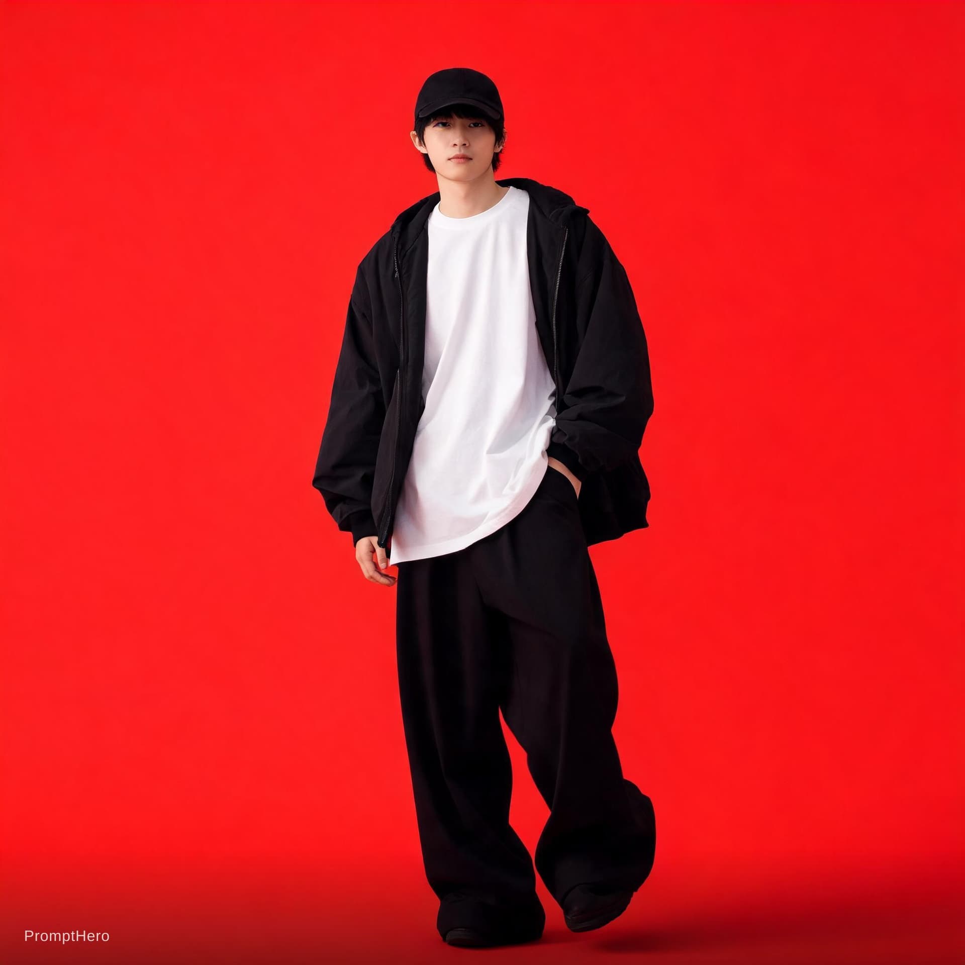 AI generated: capturing a casual yet stylish vibe, a figure in a loose, oversized black street wearing and wide-le...