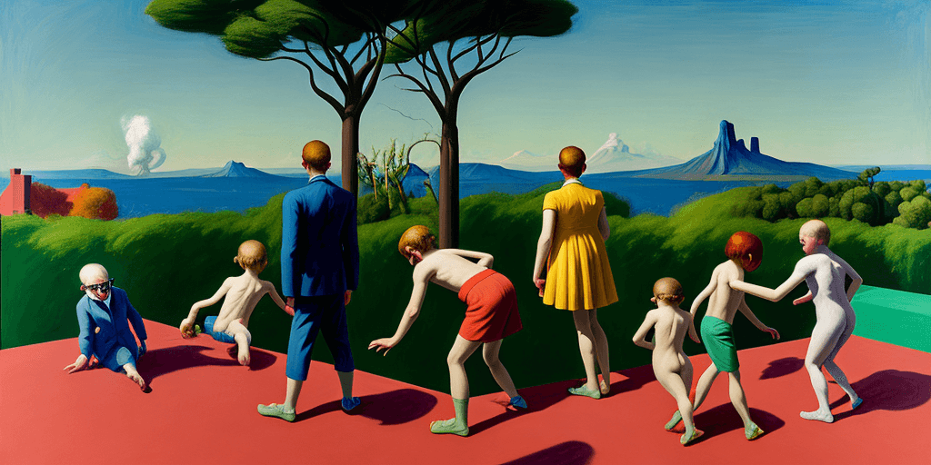 AI generated: neo rauch, edward hopper, david hockney, children playing on rooftop, people looking to horizon, wid...