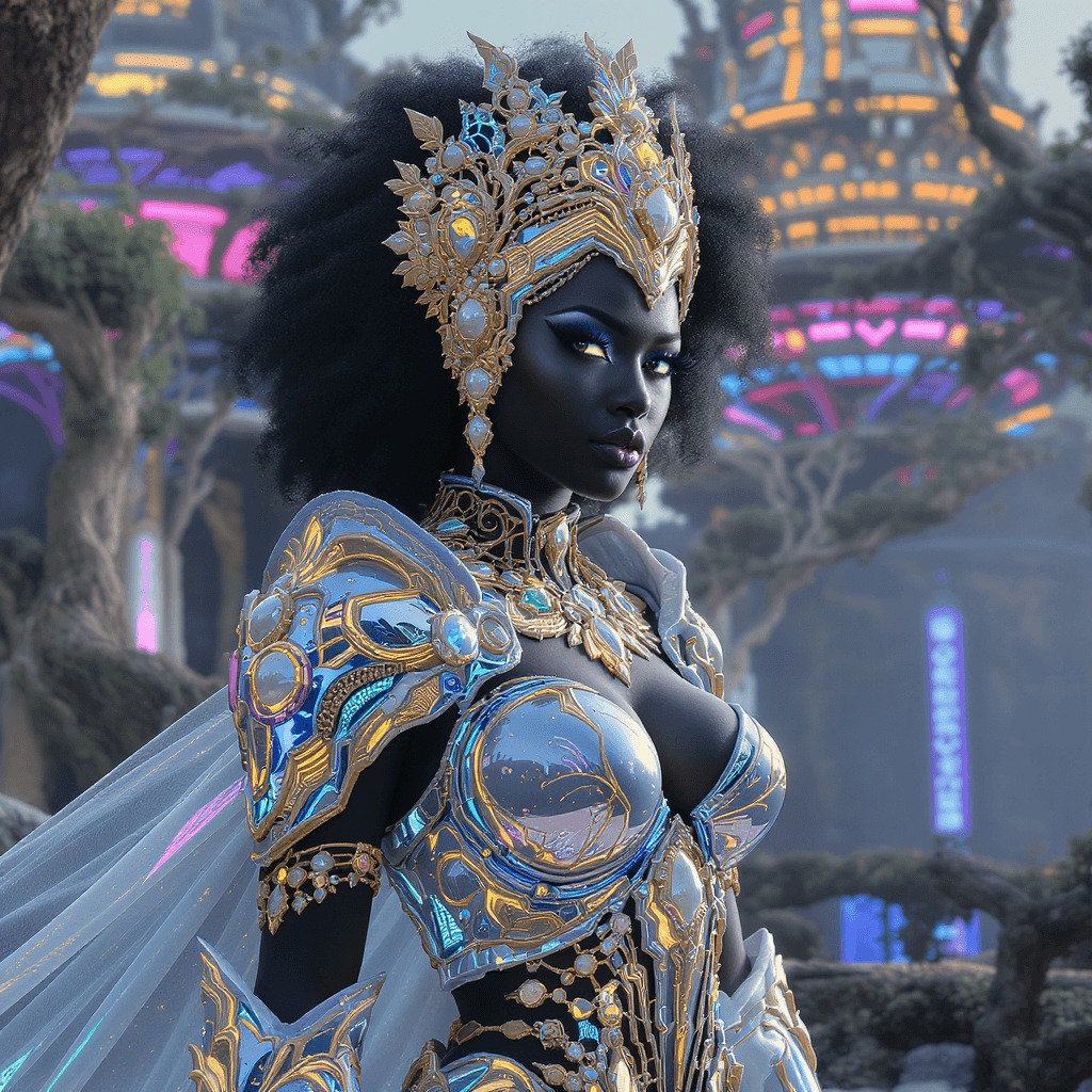 AI generated: “holographic vibranium armor, vibranium energy core”: “Elite Afrofuturist warrior queen in holograph...