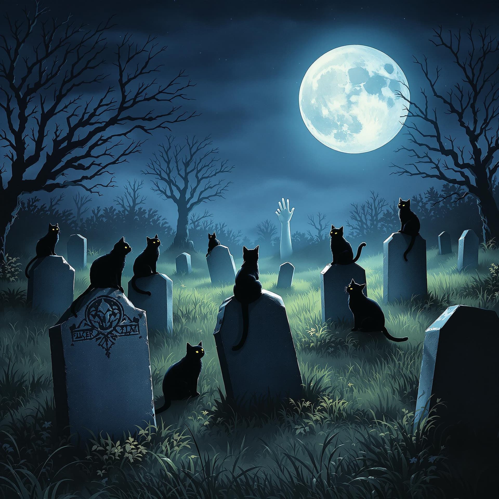 AI generated: Its nightime in the graveyard and the black cats are sitting on gravestones. The moon is full and th...