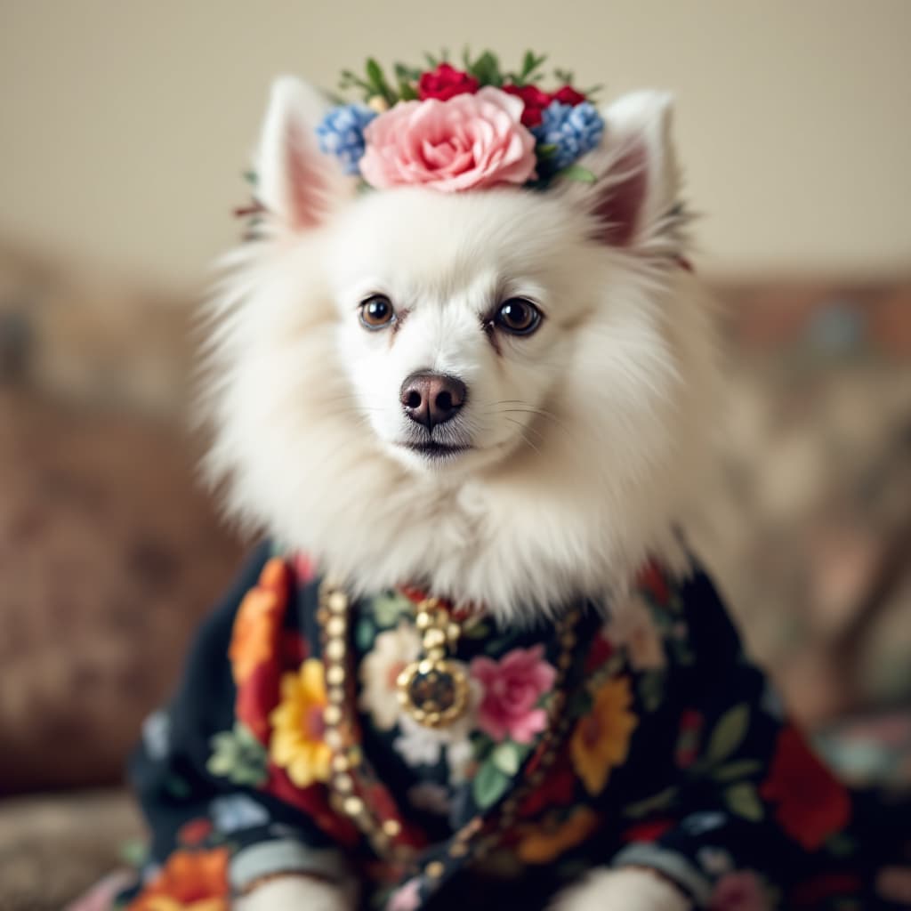 AI generated: A dog dressed up as Frida Kahlo, 
white Japanese Spitz, with flowers on its head, which is a recreat...