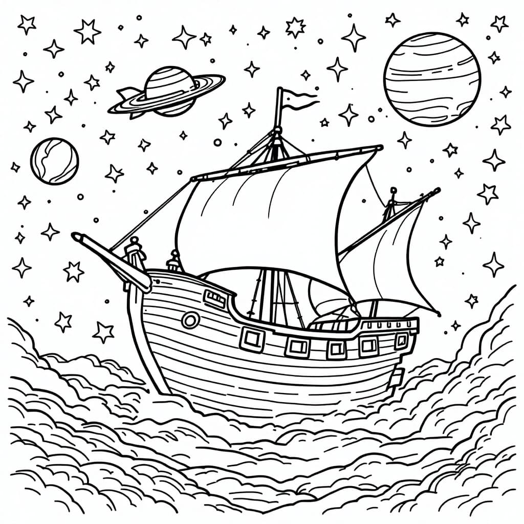 AI generated: Coloring book page,	A flying ship sailing through the sky with stars and planets