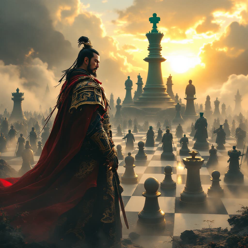 AI generated: A legendary Chinese general, inspired by Sun Tzu, standing on a massive battlefield that transforms ...