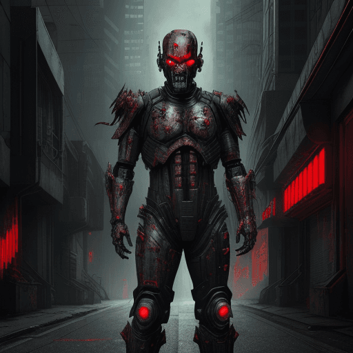 AI generated: Full body, ultra-wide photo red sci-fi armor zombie with cyber helmet, horrible face, horror style, ...