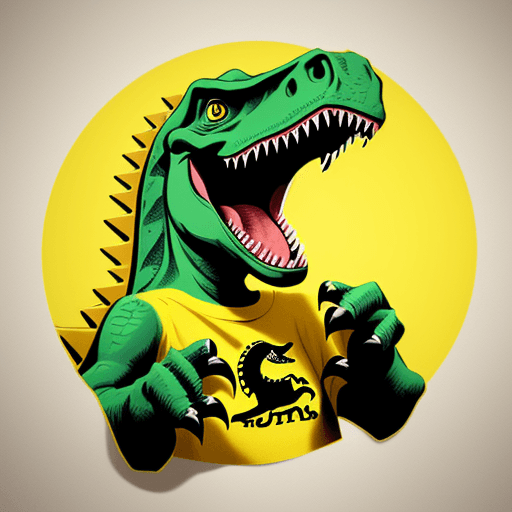 AI generated: A dinosaur, raptor, wearing a yellow t-shirt, anthropomorphized,  Cartoon, playful, fun, sticker, bo...