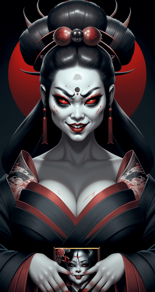 AI generated: gorgeous, curvy geisha woman, smirking expression on her face Dark sinister haunting imagery, hyper ...