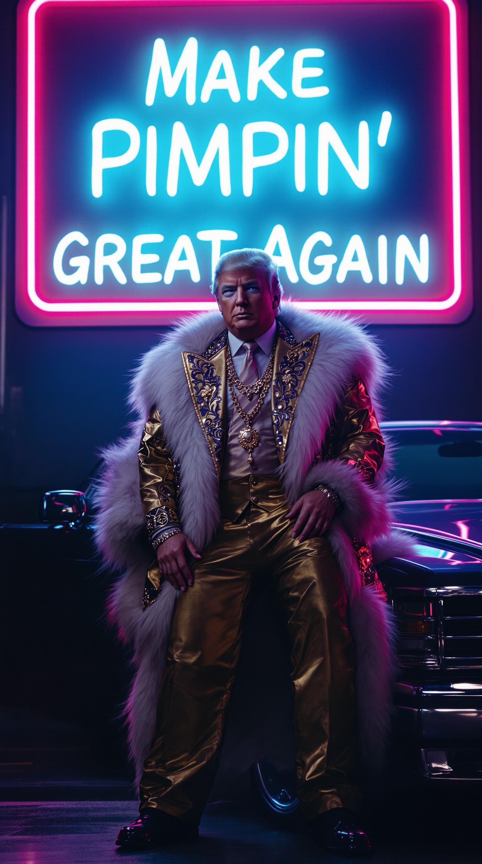 AI generated: 3.  Trump in a luxurious pimp outfit, posing with a Cadillac against a neon sign: "Make Pimpin' Grea...