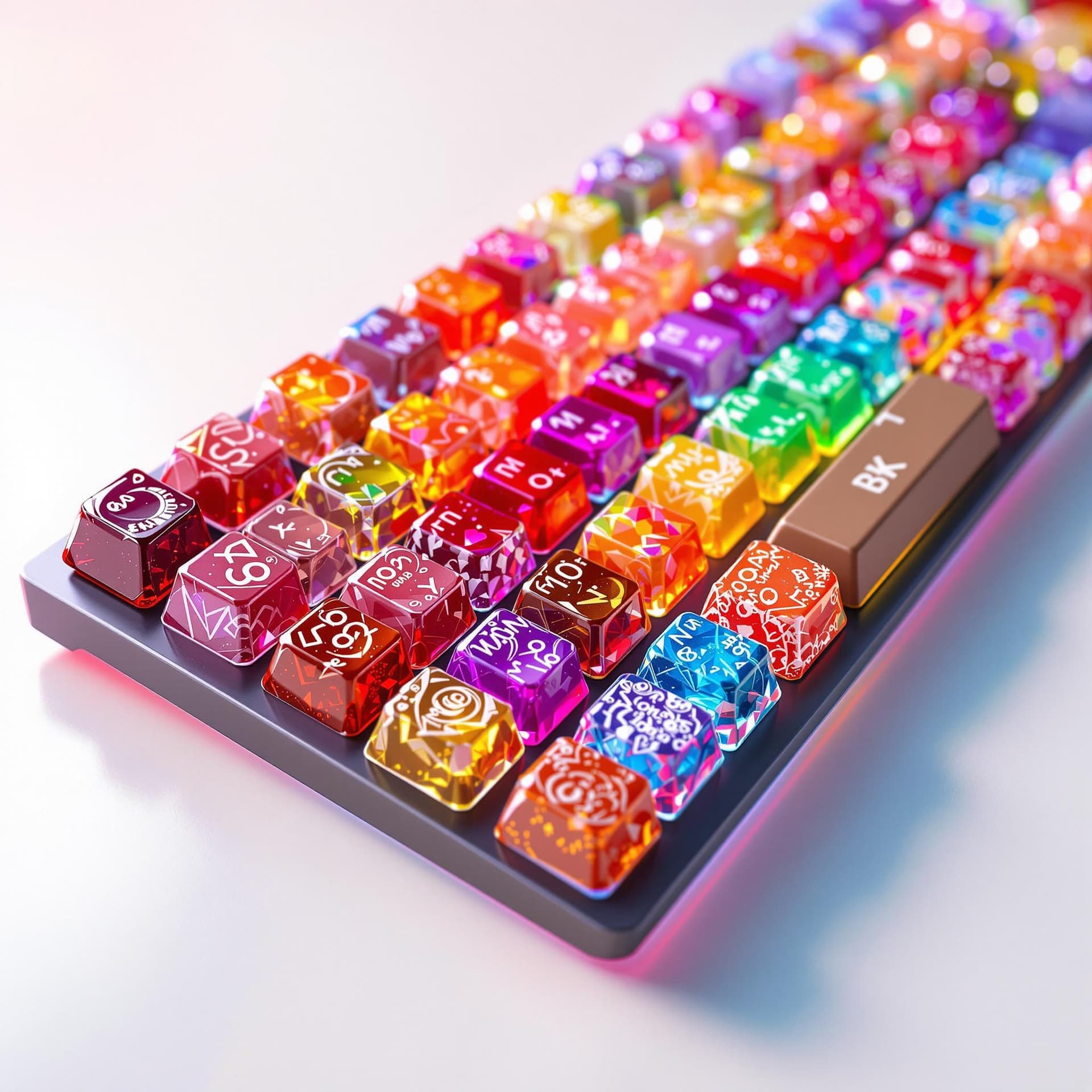AI generated: A vibrant, highly detailed keyboard with keys crafted from various types of colorful candies, includ...