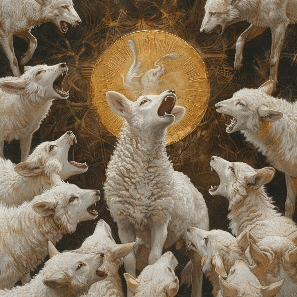AI generated: A white lamb surrounded by wolves, painted in the style of James C Christensen, with a golden halo a...