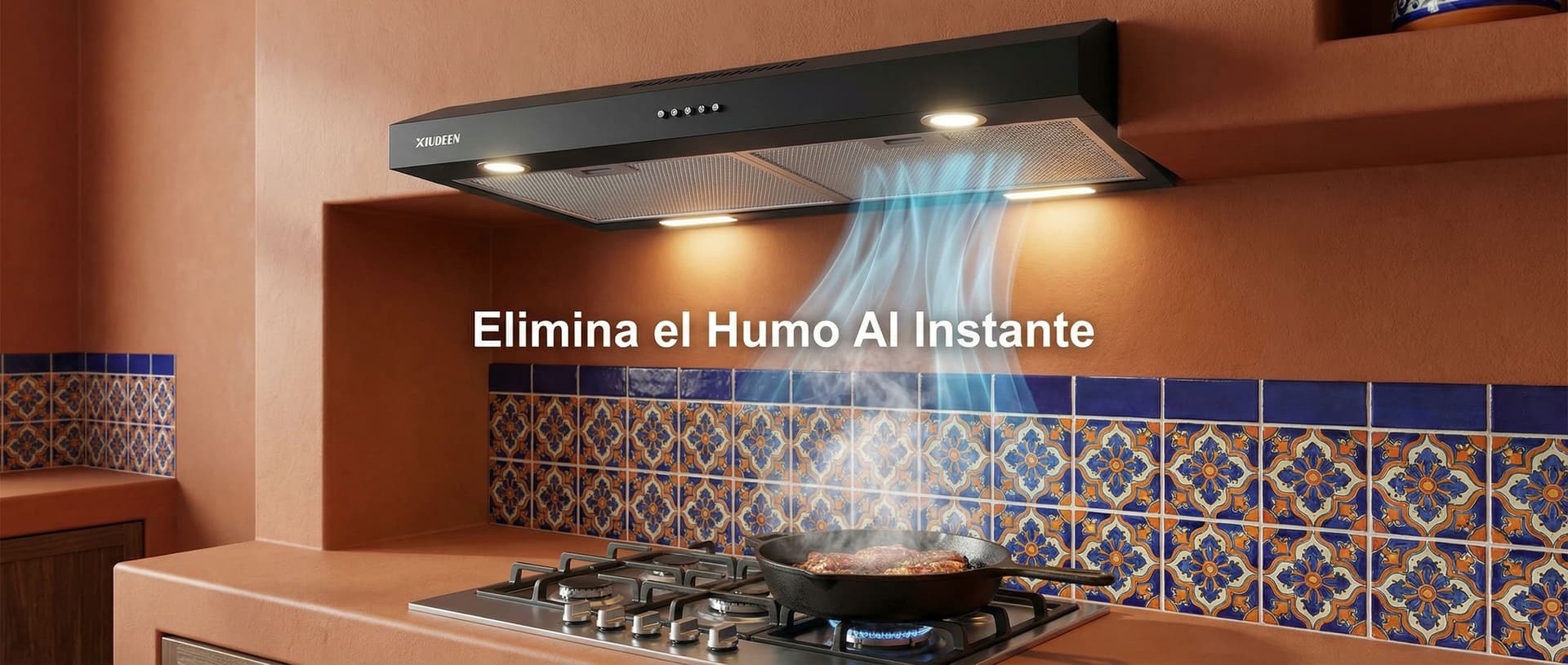 AI generated: Visuals: A range hood is installed in a minimalist, modern Mexican-style kitchen (warm-toned walls, ...