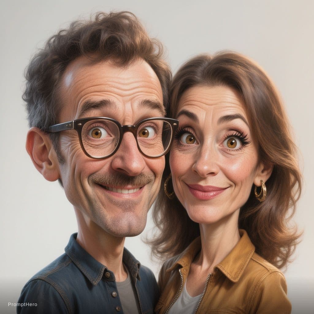 AI generated: funny caricature, adult man and woman (input Image), mid-30's, big cartoonish head, exaggerated cari...