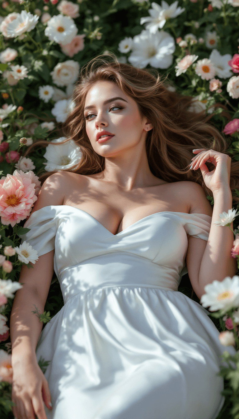 AI generated: A 22-year-old german curvy woman in a white silk-dress laying in a field of flowers, 4k, hyperrealis...