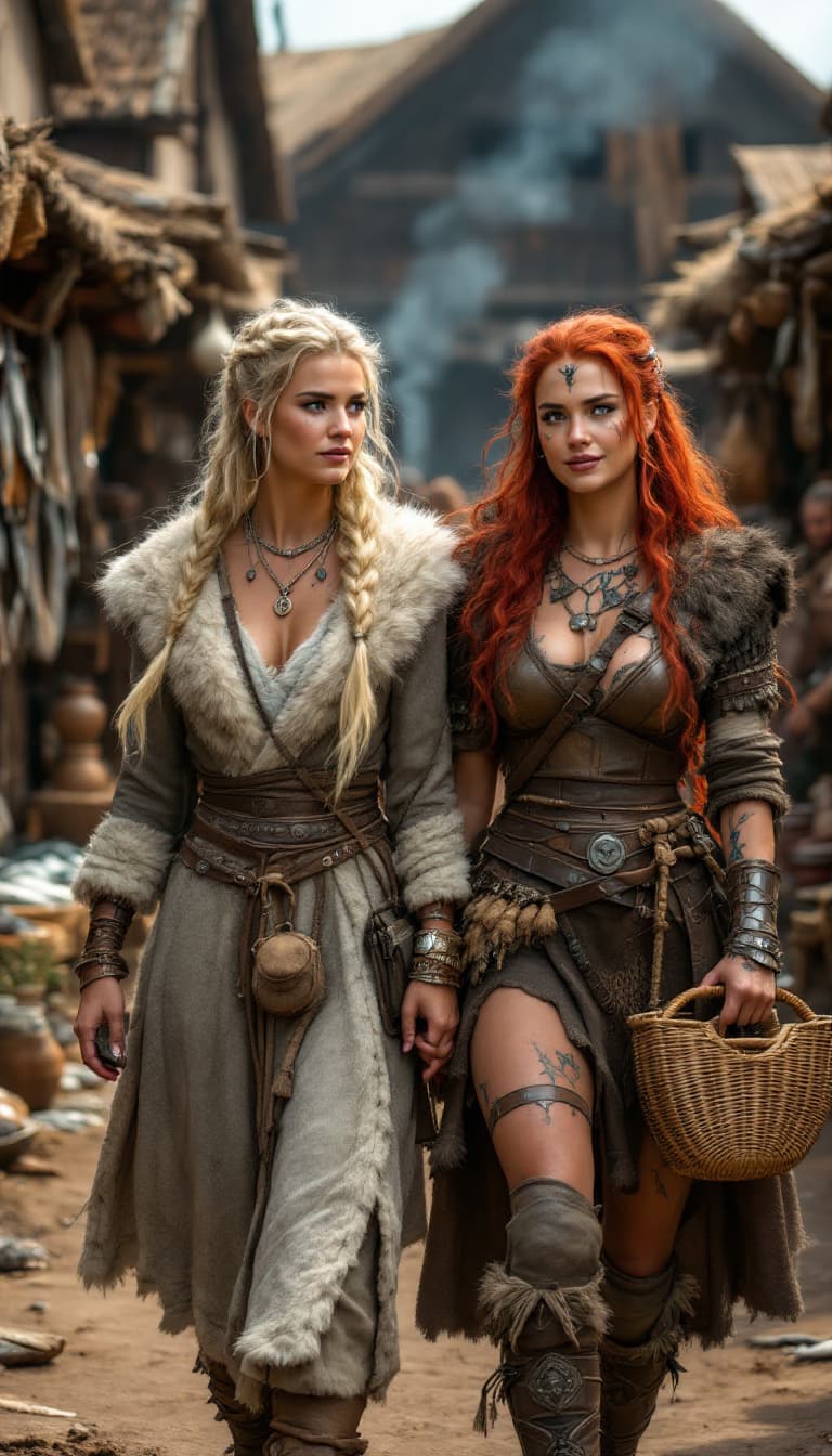 AI generated: Two Viking women walking through a bustling market in their village; one with blonde hair tied into ...