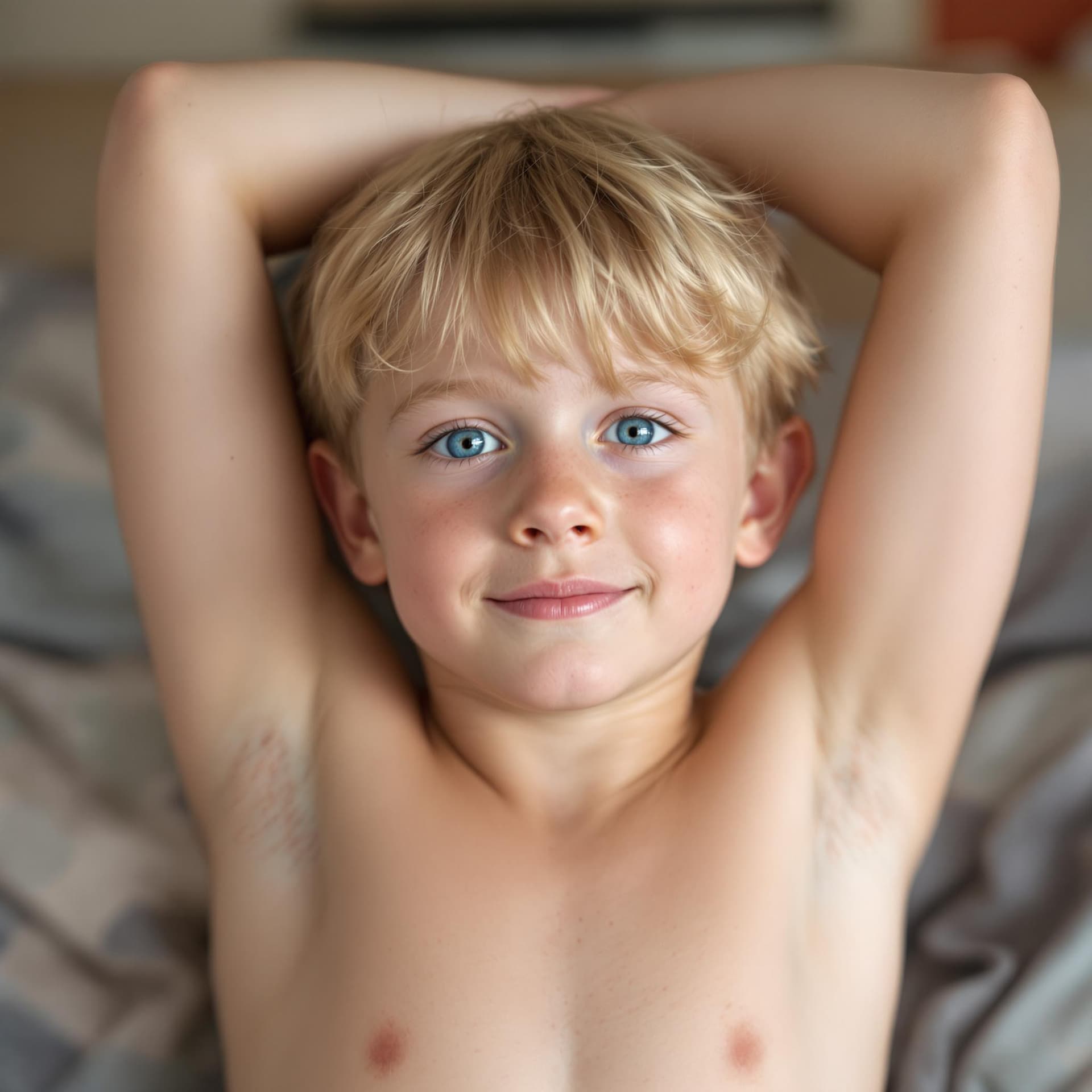 AI generated: a blond boy 8 years with blue eyes sits shirtless on a bed and raises his arms up and he has no armp...