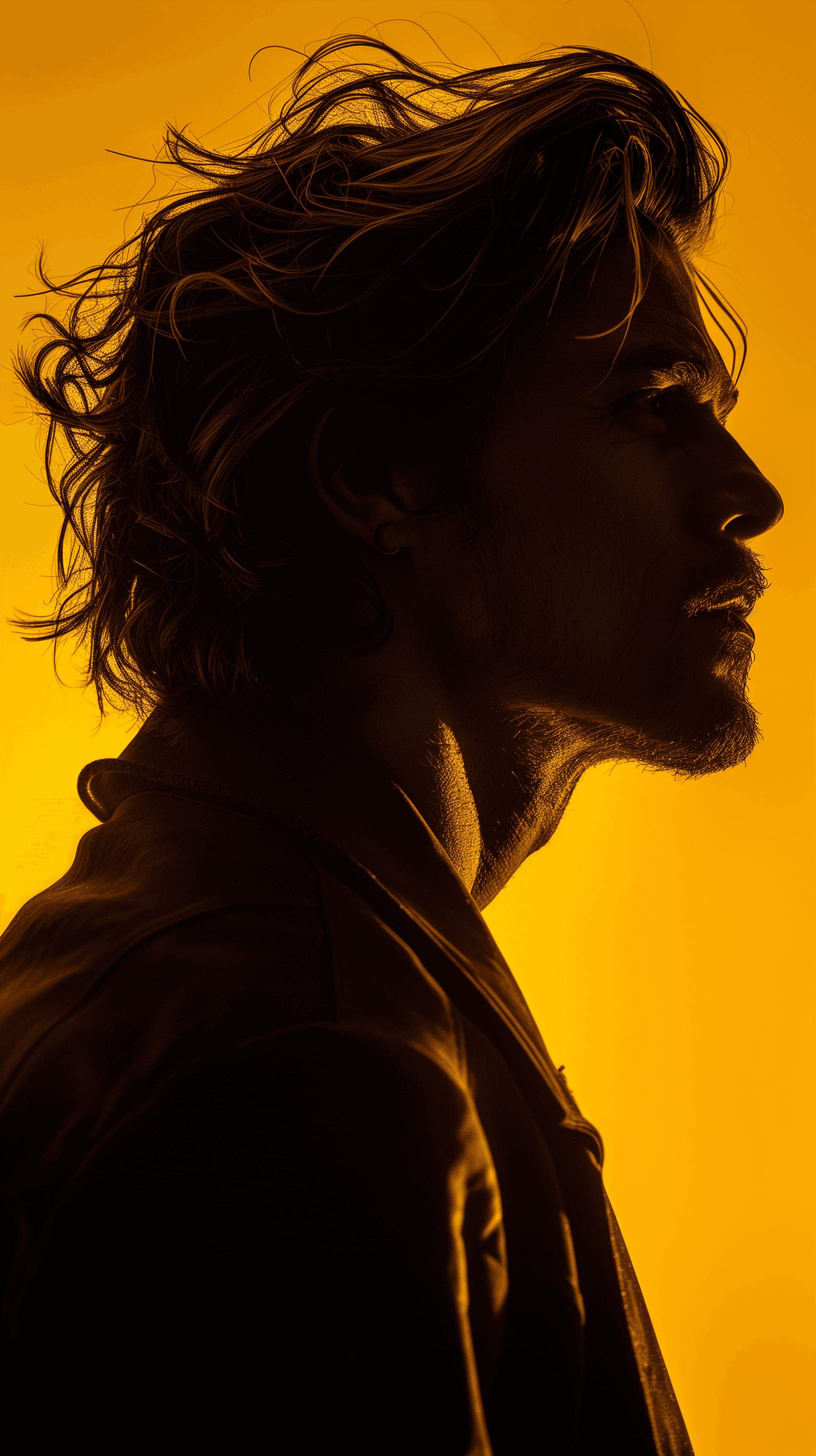 AI generated: photography, portrait of contrast, profile silhouette of a man, vibrant yellow backdrop, visualize u...