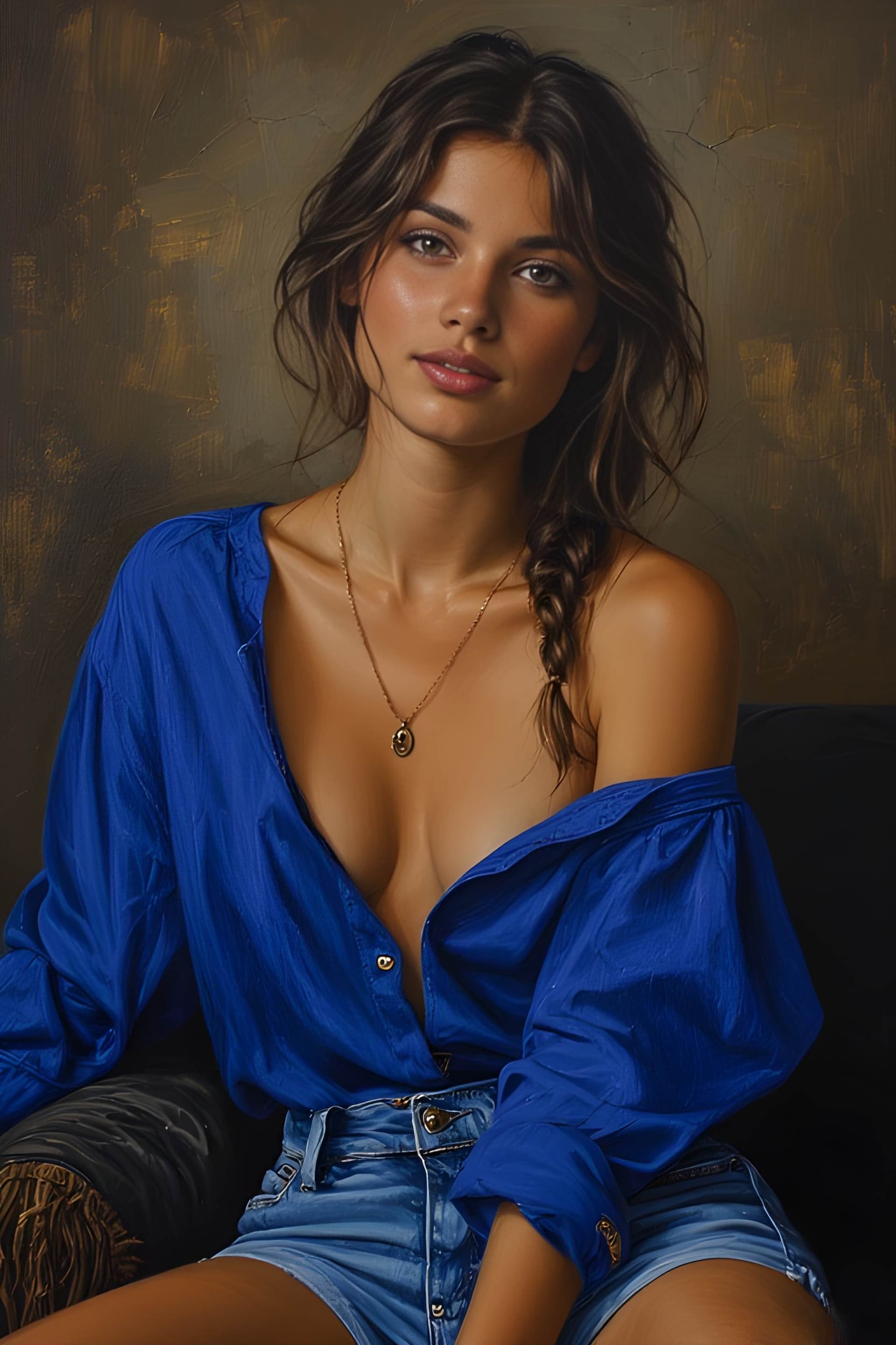 AI generated: A beautiful woman with brown hair, loose waves, and a side braid, wearing a partially unbuttoned, ov...