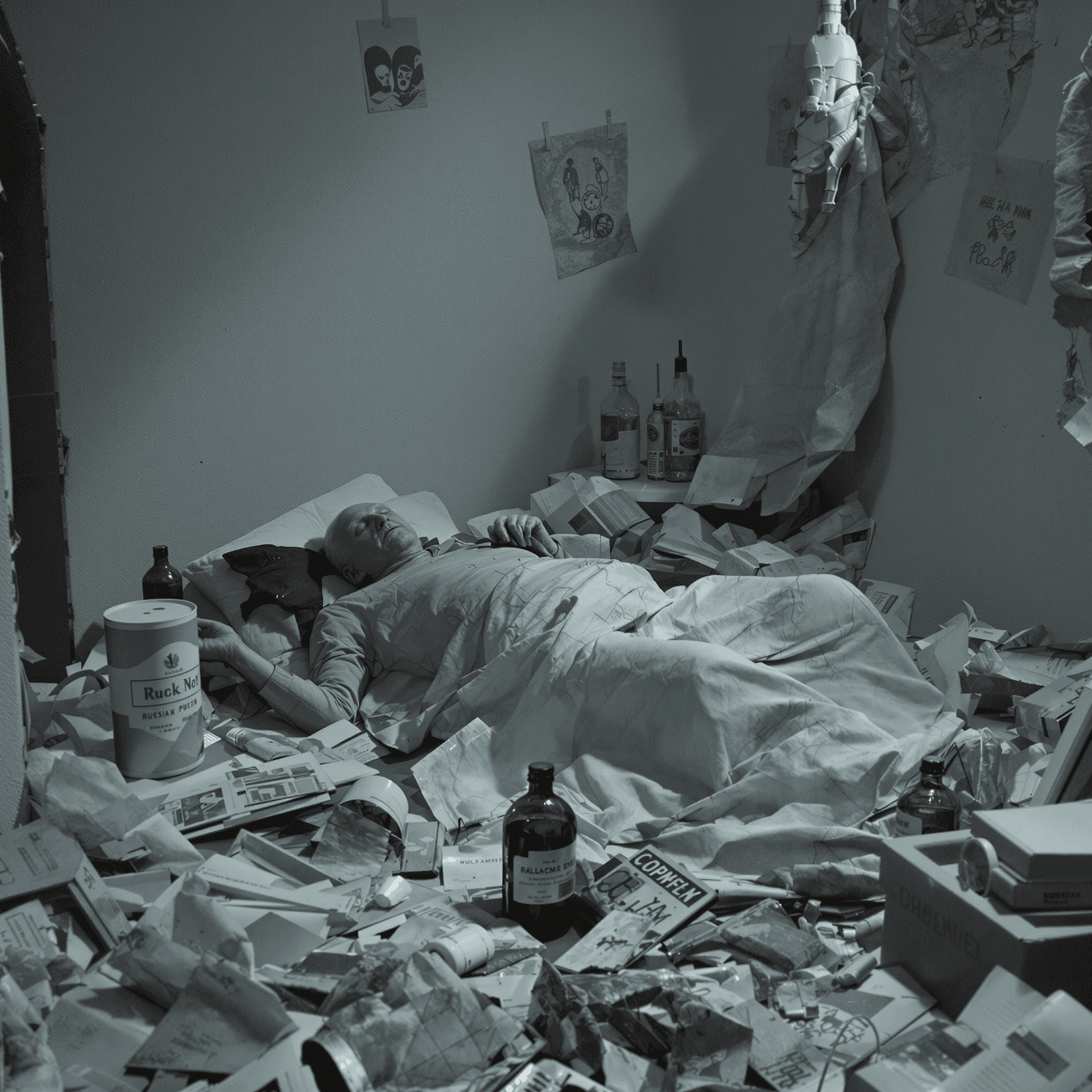 AI generated: Create an emotional dramatic dystopian image in the year 1860, featuring an old Russian poet, sick w...