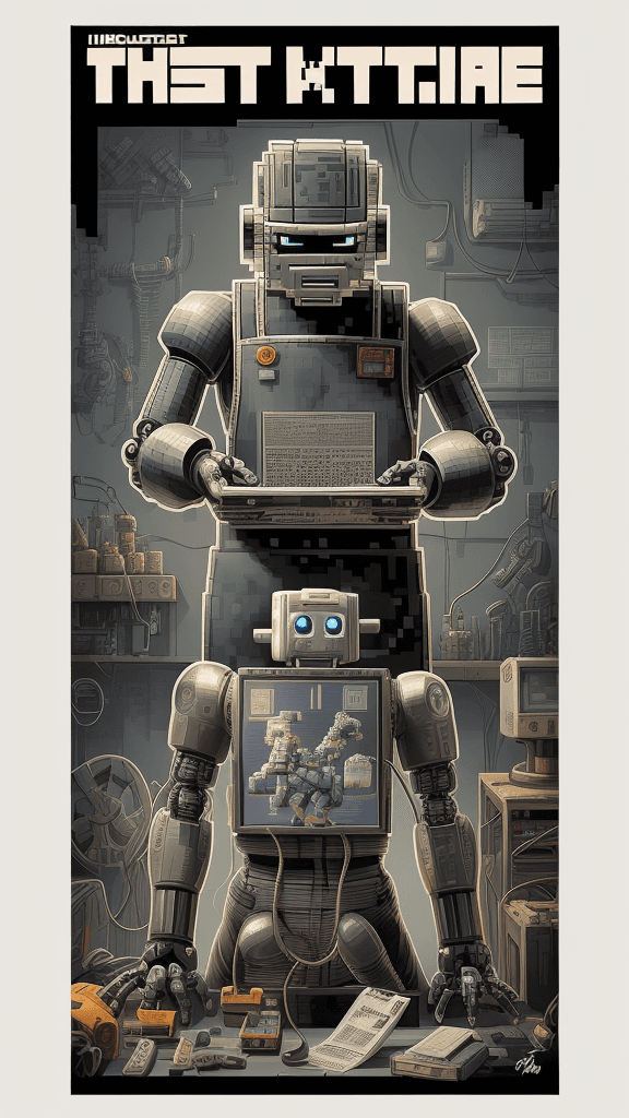 AI generated: mono pixelated poster, signed "101", a digital illustration of a robot mechanic fixing a car, highly...