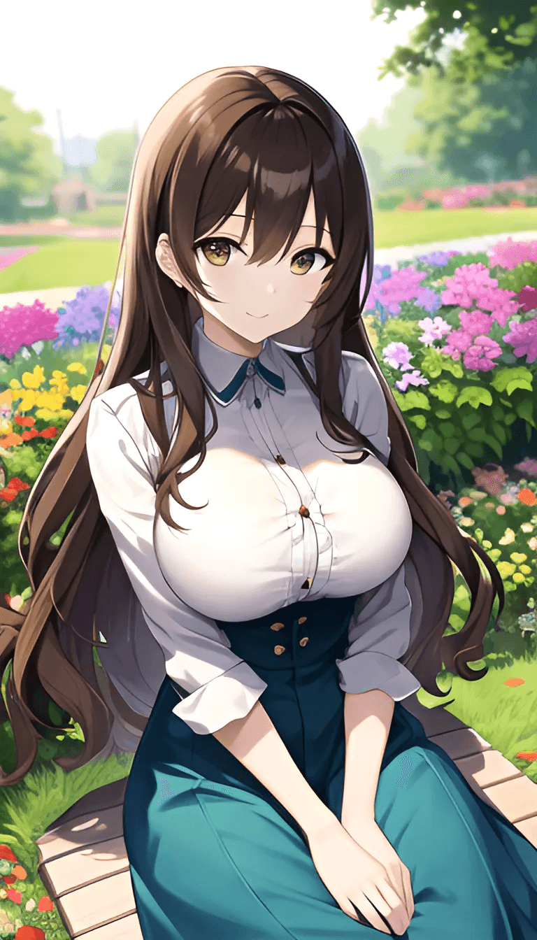 AI generated: An anime girl standing in a colorful garden of flowers, crops, soil, plants, lots of flowers, button...