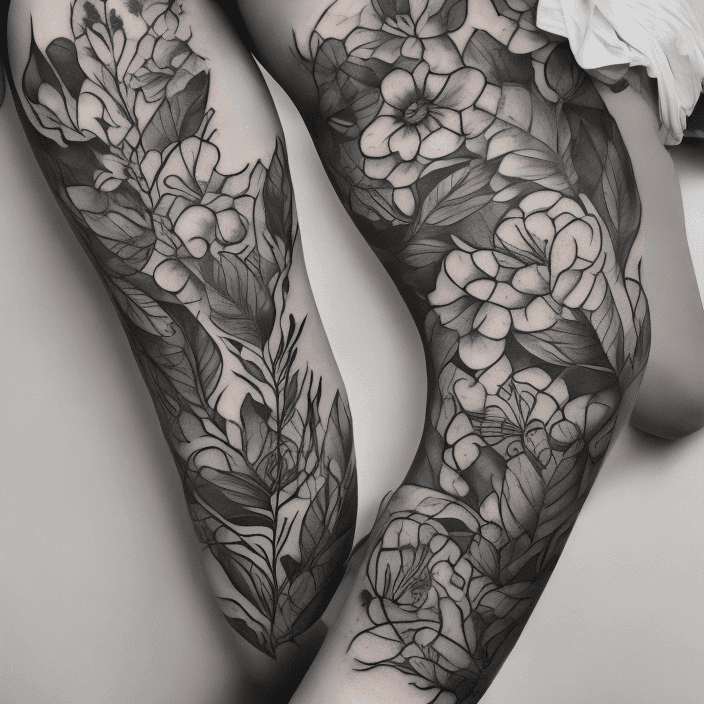 AI generated: Thigh tattoo, flowers, snakes, black and white, leaves with black fill, smooth transitions, floral p...