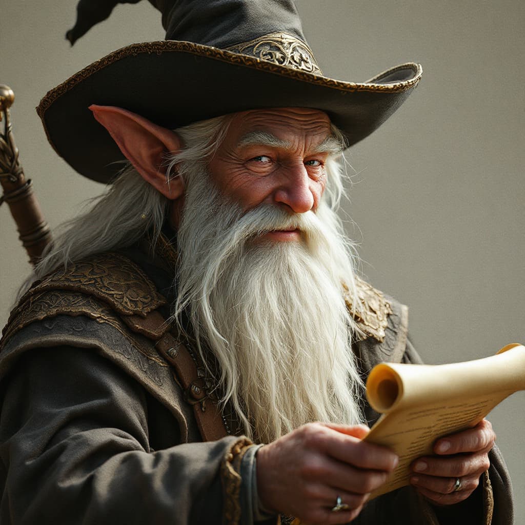AI generated: happy musical elven bard, elderly, white hair and beard, renaissance hat, holding a scroll, ultra re...