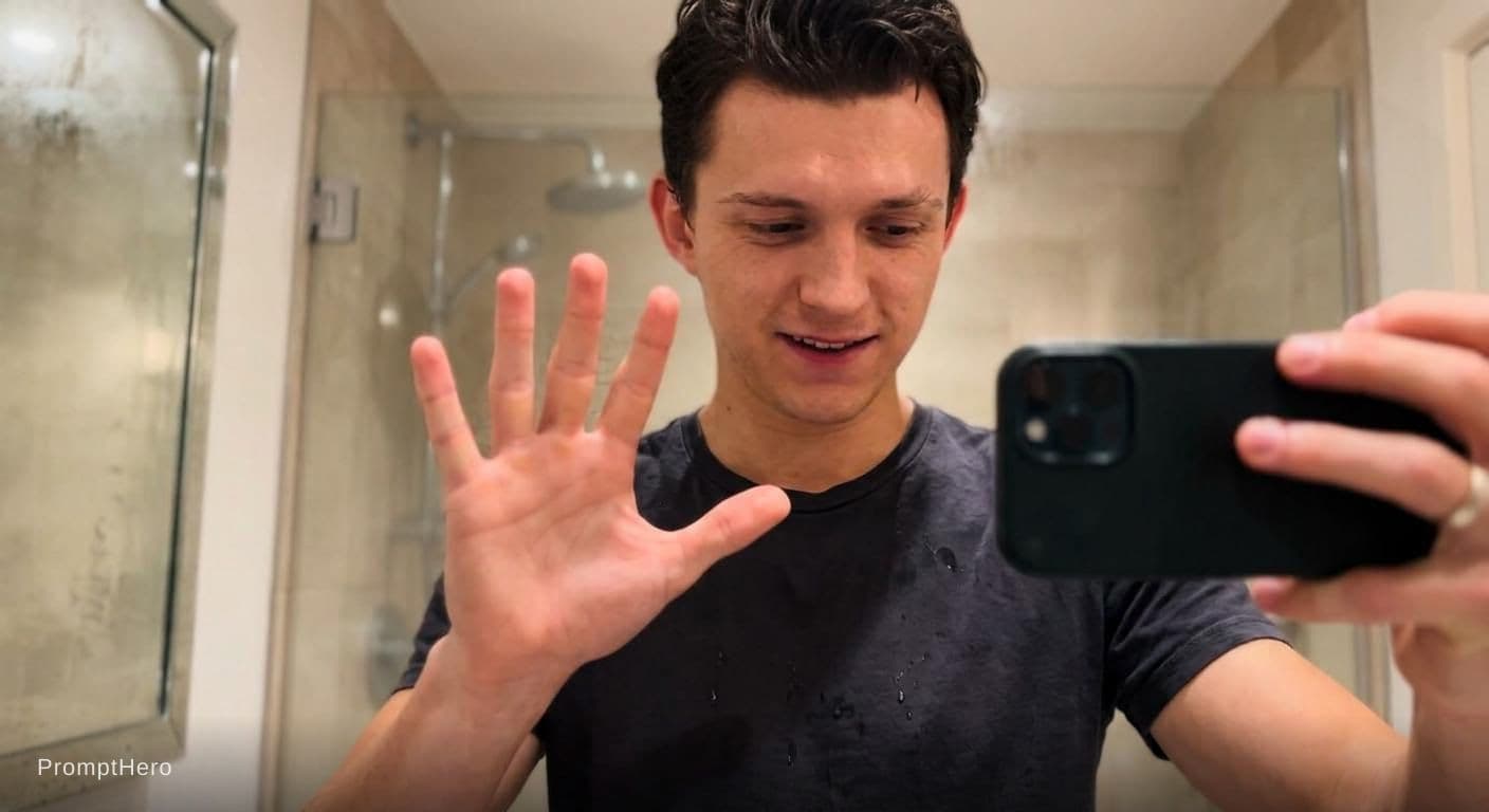 AI generated: Tom Holland,qui se filme, (en train de se laver,il tient la caméra ver le bas,)il montre ses doigts,...