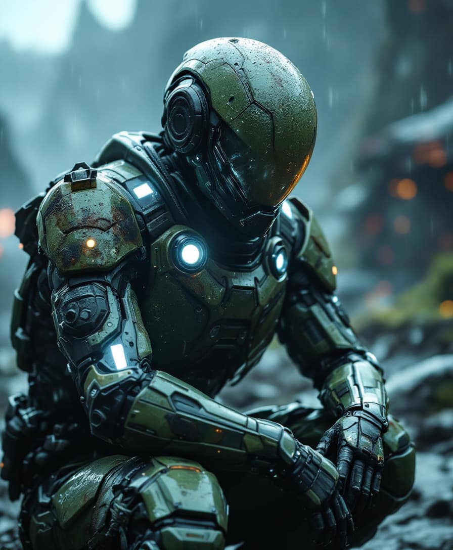AI generated: A sci-fi space soldier,  futuristic green camouflage battle armor with white lights, there is a futu...