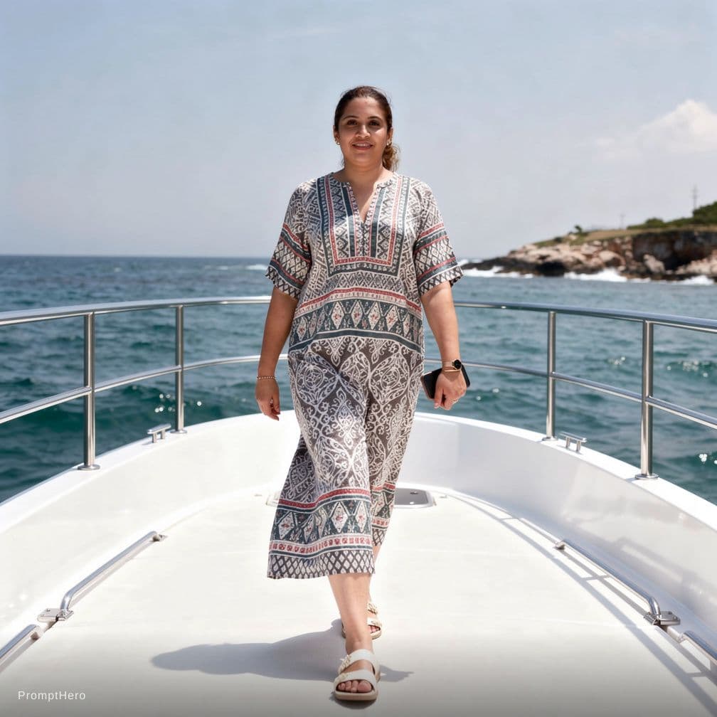 AI generated: Medium shot of woman in a fashionable bikini walking on a yacht deck, coastal background, sunny day,...