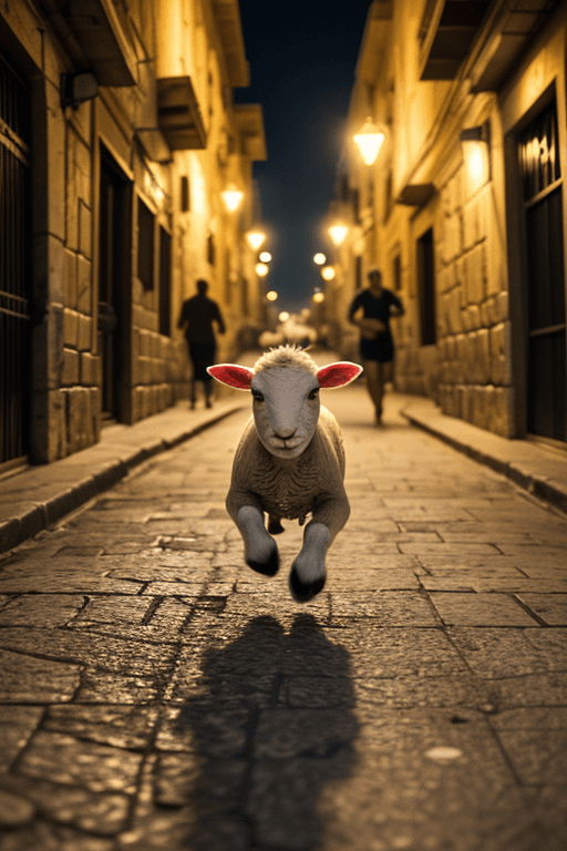 AI generated: a baby lamb running and laughing,streets of jerusalem,dark lights,cinematic,hyper realistic,detalied...