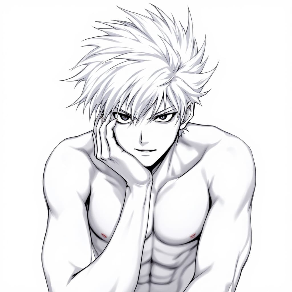 AI generated: expressive eyes, cute face, 1boy, Shota, kemono, white skin, 1boy,, solo, black eyes, spiky white ha...