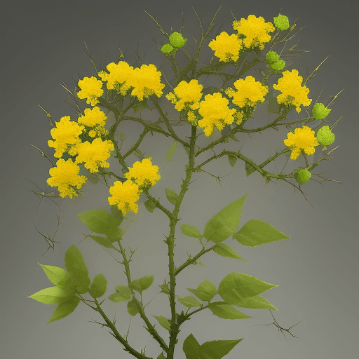AI generated: Flower garden with yellow flowers, very thin green stem, with abundant branches of thorns