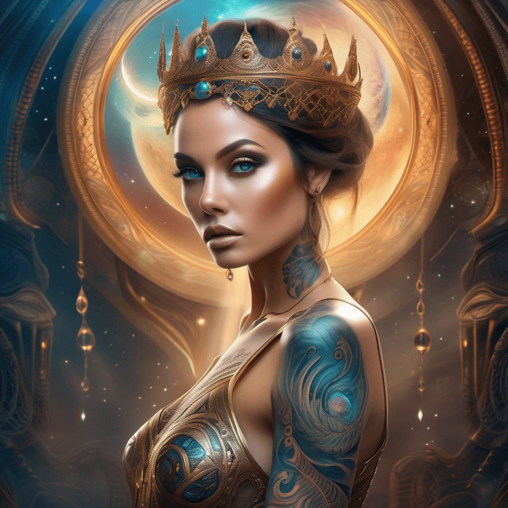 AI generated: A portrait of a dragon queen depicted majestic, with a golden crown adorned with gemstones on her he...