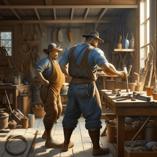 AI generated: a dynamic scene of a master blacksmith and his apprentice working in a hot workshop, acrylic medium ...
